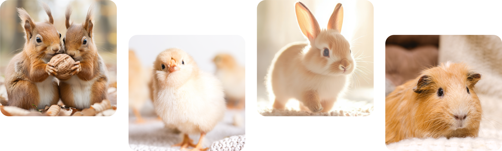 リス、ひよこ、うさぎ、モルモット