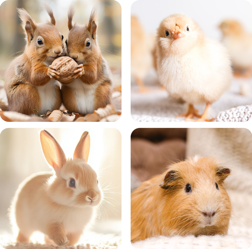 リス、ひよこ、うさぎ、モルモット